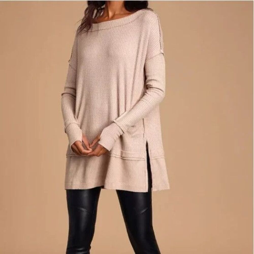 Free People We The Free North Shore Thermal Top Sand Waffle Knit Oversized Sz S